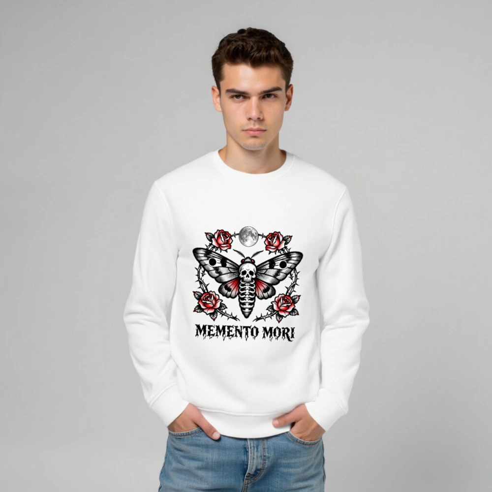 Unisex Organic Sweatshirt with Memento Mori Skull Moth Rose Design - Image 6