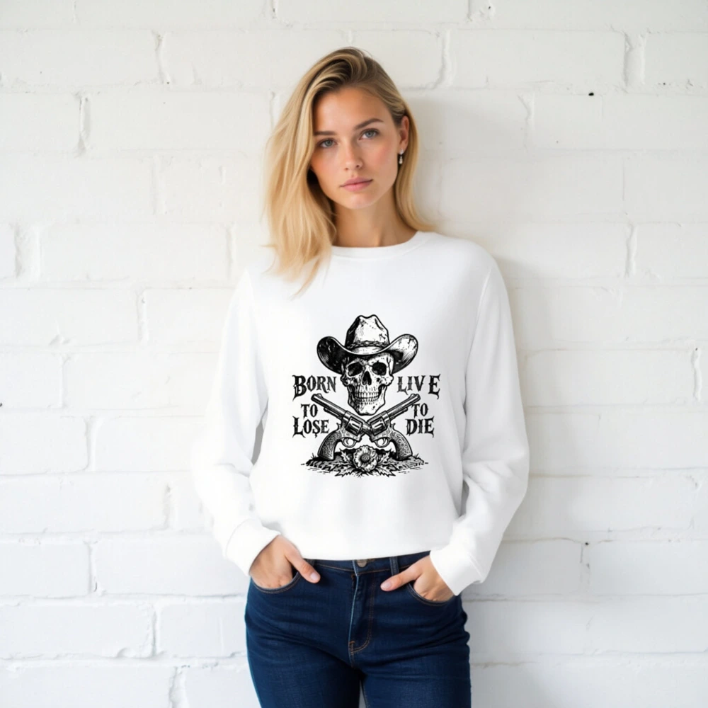 Unisex Organic Cotton Sweatshirt - Skull & Cowboy Hat Design, Born to Lose, Live to Die - Image 2