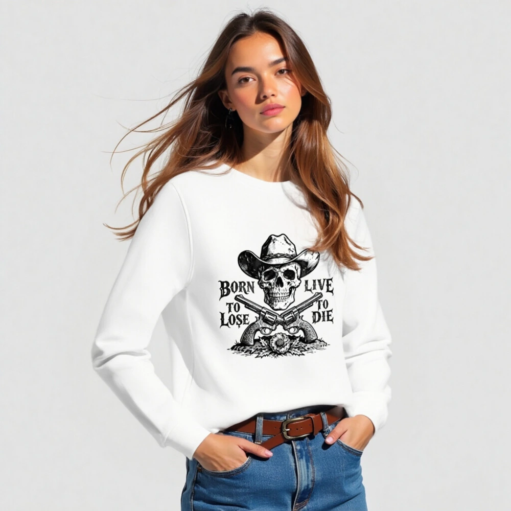 Unisex Organic Cotton Sweatshirt - Skull & Cowboy Hat Design, Born to Lose, Live to Die - Image 3