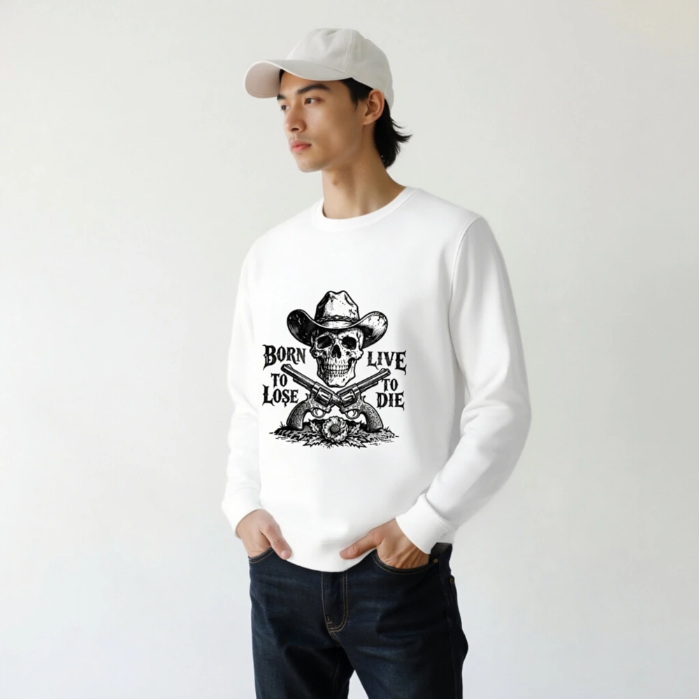 Unisex Organic Cotton Sweatshirt - Skull & Cowboy Hat Design, Born to Lose, Live to Die - Image 7