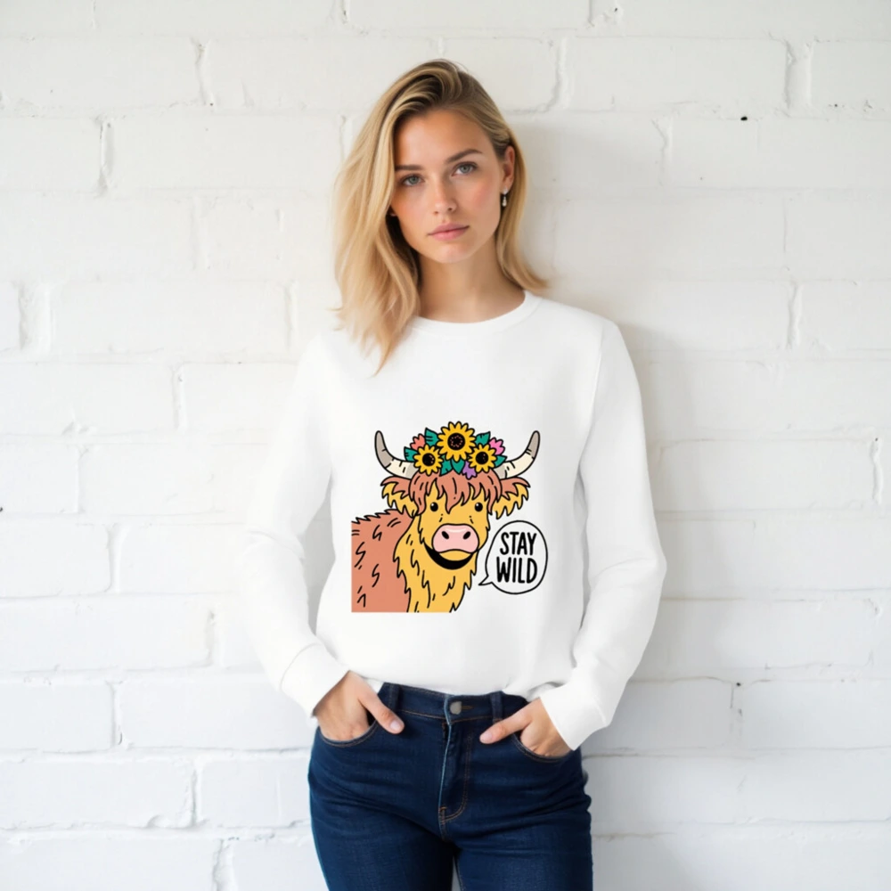 Unisex Organic Cotton Sweatshirt | Highland Cow with Sunflowers | Stay Wild - Image 2