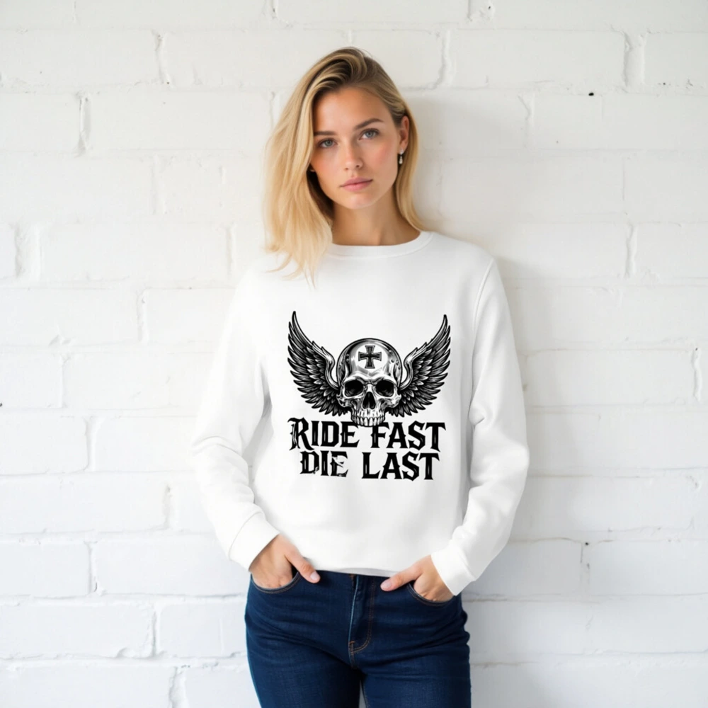 Unisex Organic Sweatshirt | Ride Fast Die Last Skull Wings Design - Image 2