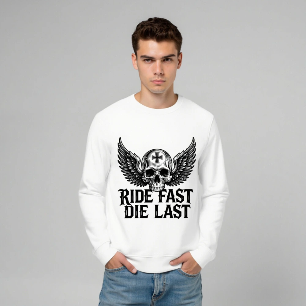 Unisex Organic Sweatshirt | Ride Fast Die Last Skull Wings Design - Image 6