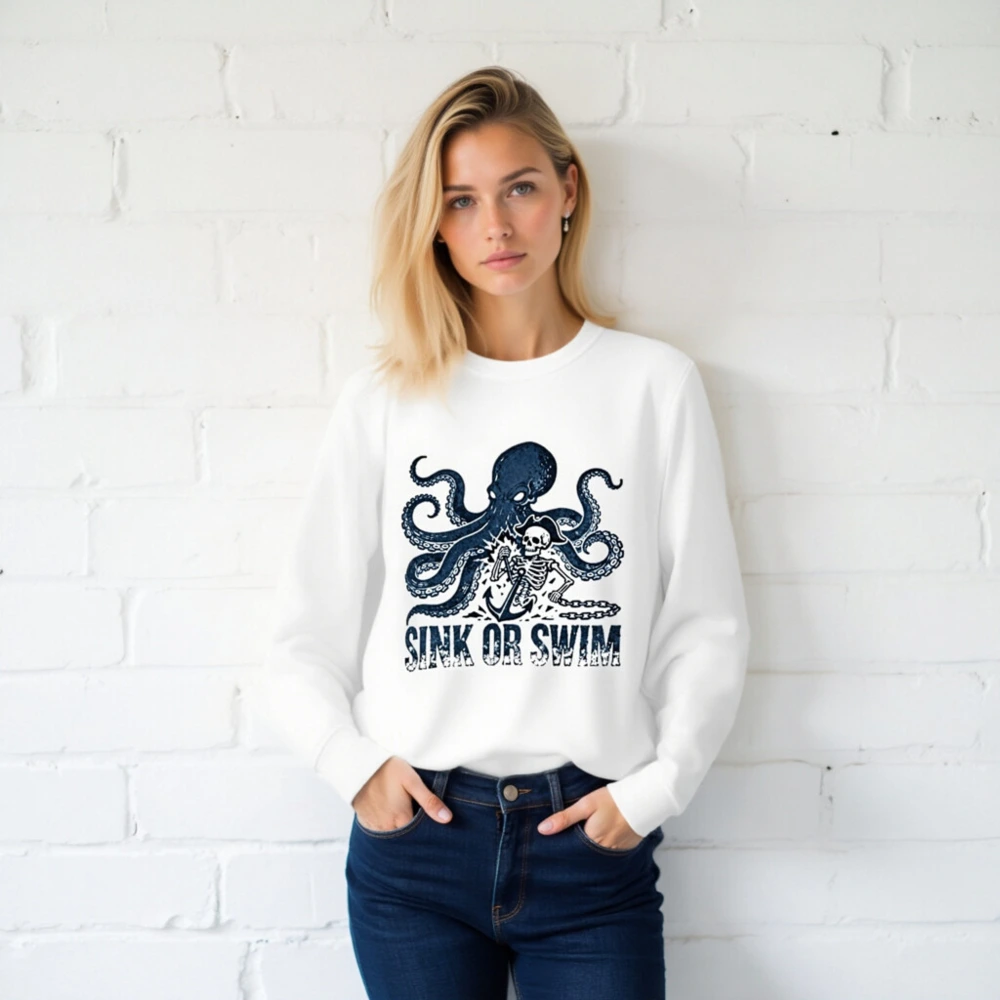 Unisex Organic Sweatshirt | Octopus & Skeleton Anchor Design - Sink or Swim - Image 2
