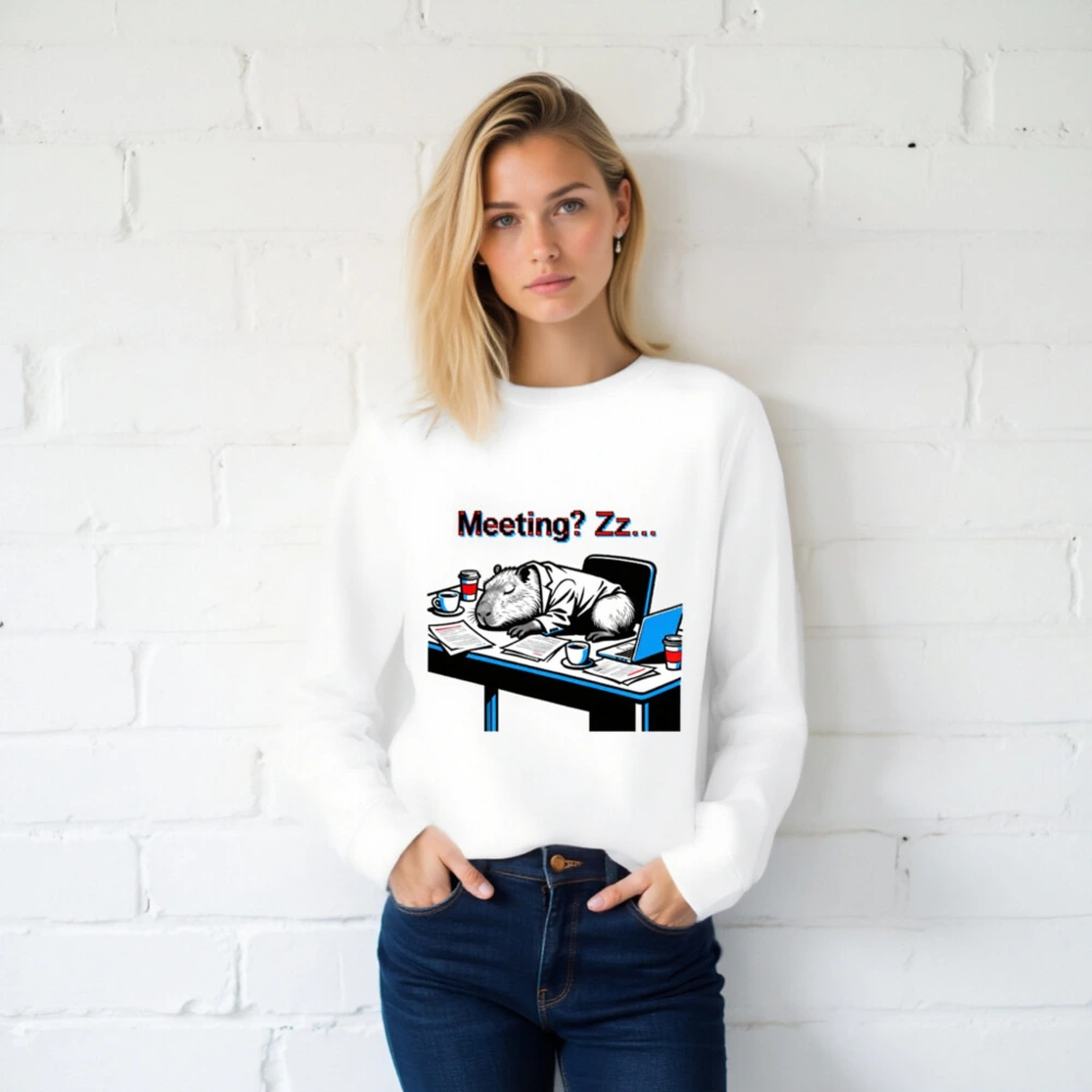 Unisex Organic Sweatshirt | Capybara Sleeping at Desk, 'Meeting? Zz...' Funny Office Humor - Image 2