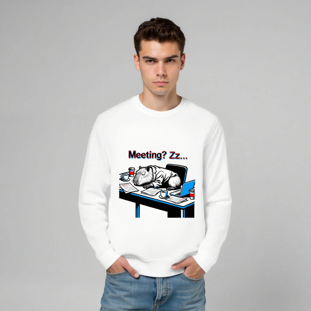 Unisex Organic Sweatshirt | Capybara Sleeping at Desk, 'Meeting? Zz...' Funny Office Humor - Image 6