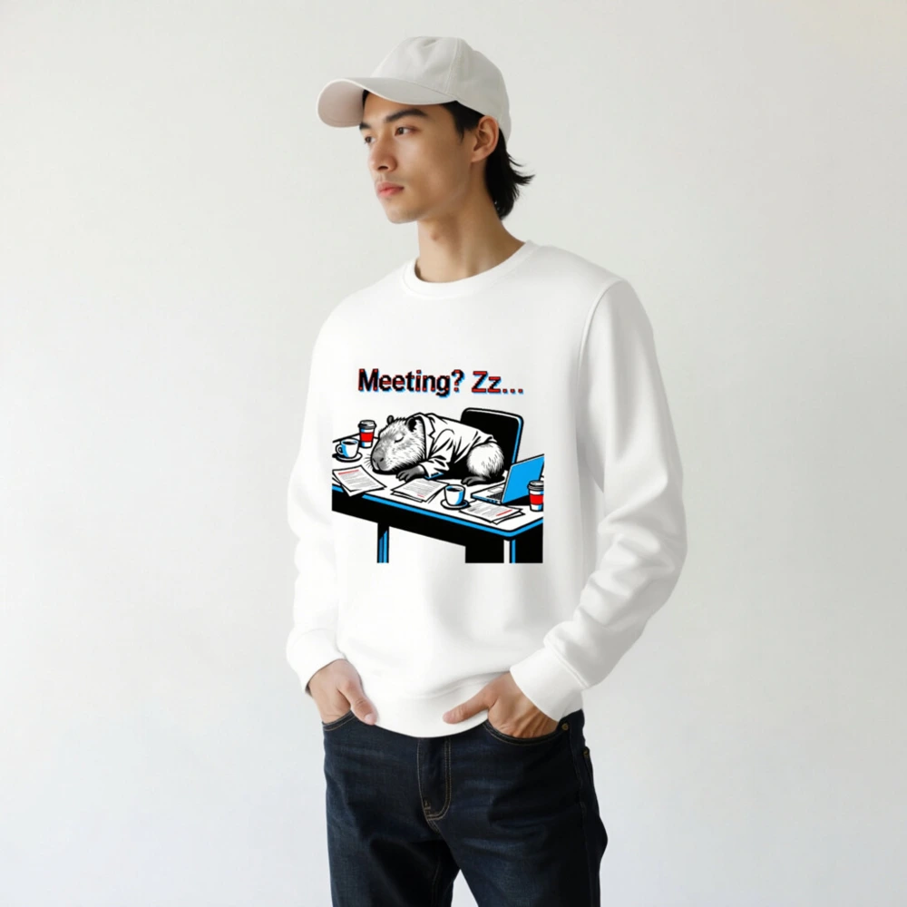 Unisex Organic Sweatshirt | Capybara Sleeping at Desk, 'Meeting? Zz...' Funny Office Humor - Image 7