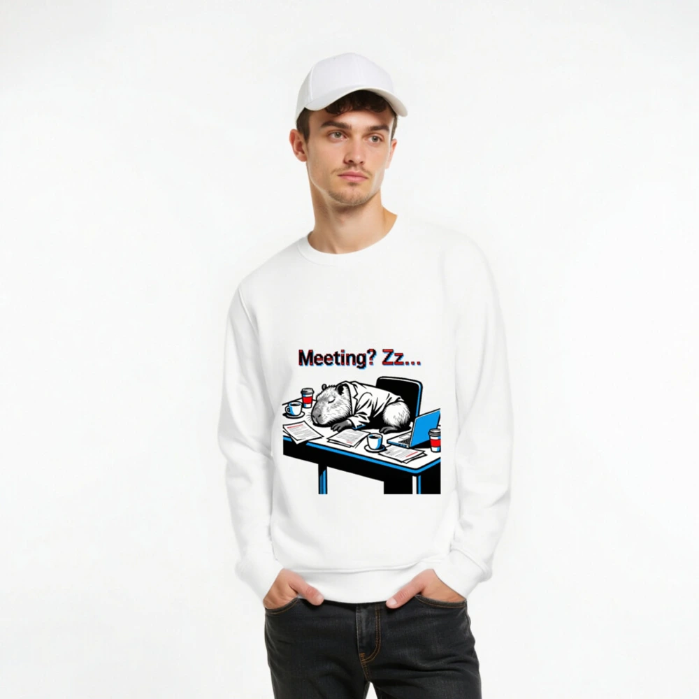 Unisex Organic Sweatshirt | Capybara Sleeping at Desk, 'Meeting? Zz...' Funny Office Humor - Image 8