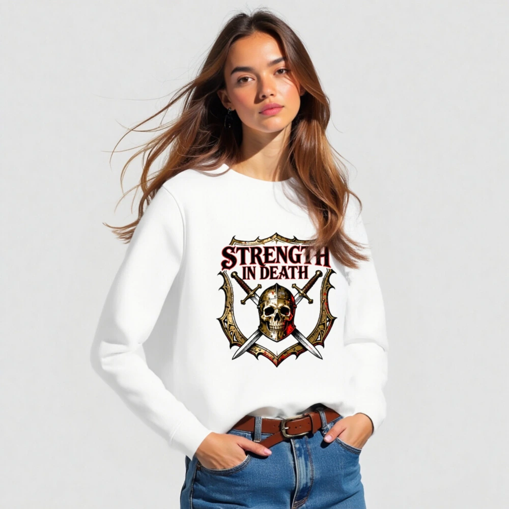 Strength in Death Unisex Organic Sweatshirt - Skull & Swords Shield Design - Image 3
