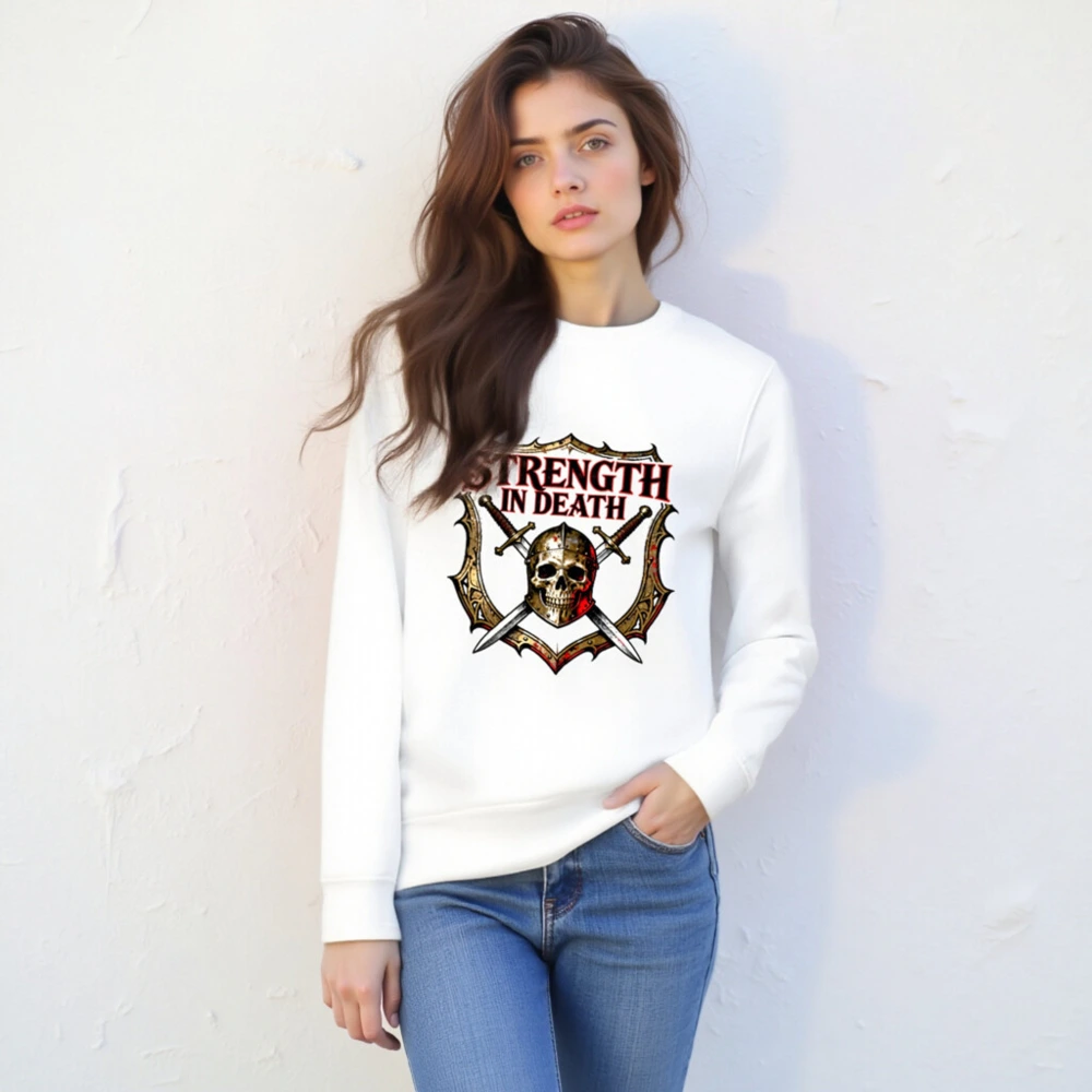 Strength in Death Unisex Organic Sweatshirt - Skull & Swords Shield Design - Image 4