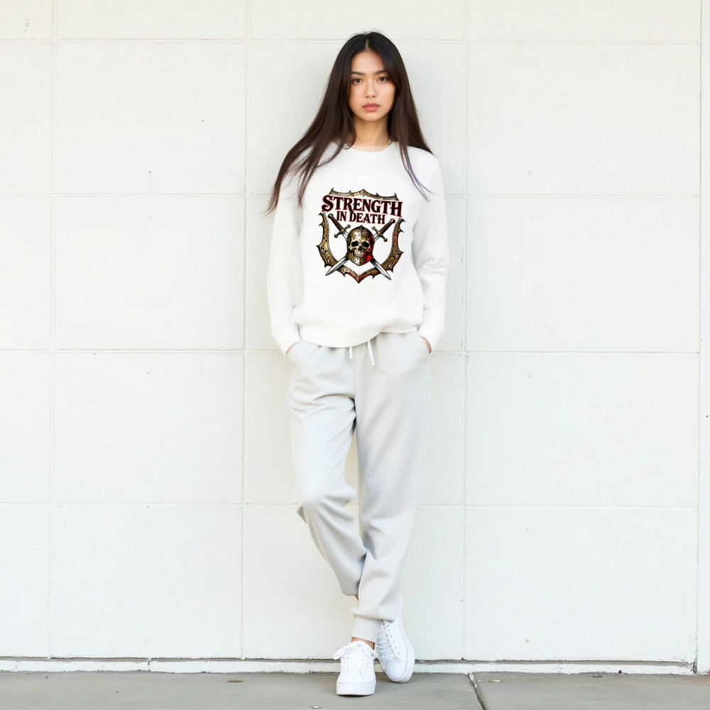 Strength in Death Unisex Organic Sweatshirt - Skull & Swords Shield Design - Image 5