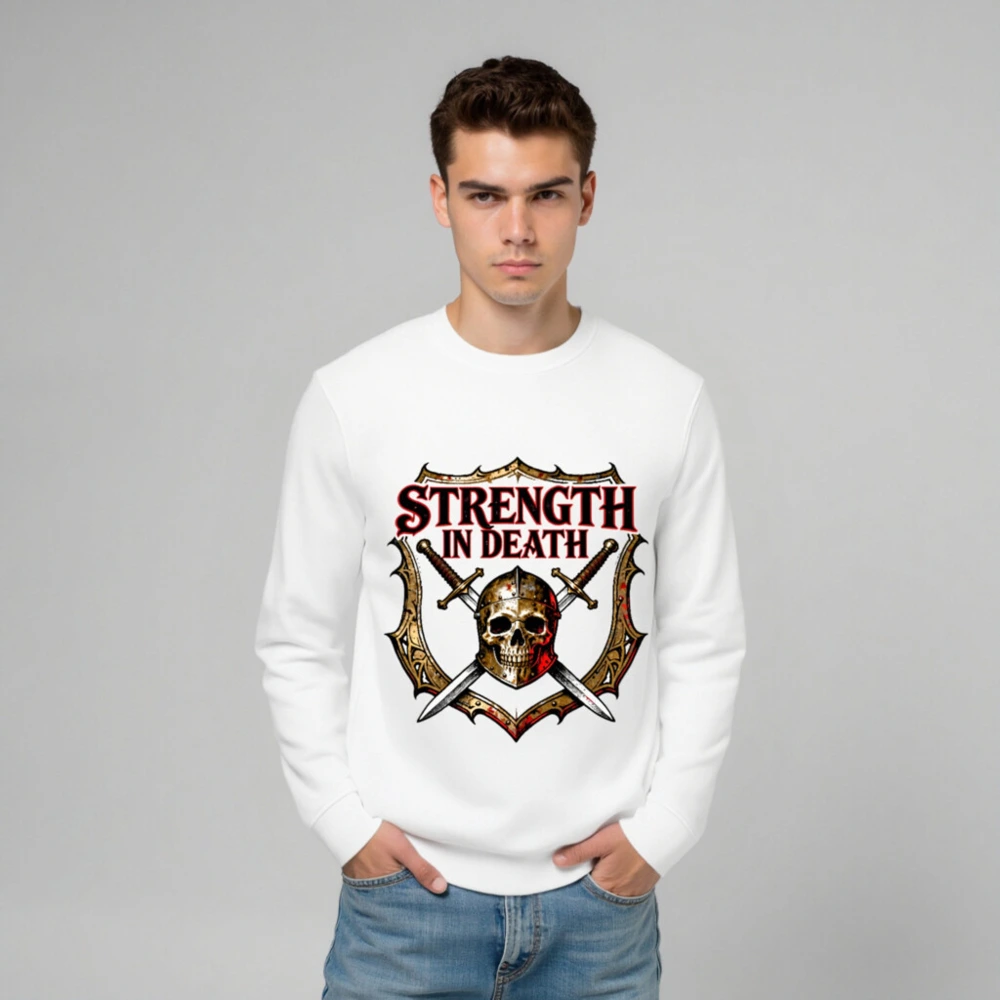 Strength in Death Unisex Organic Sweatshirt - Skull & Swords Shield Design - Image 6