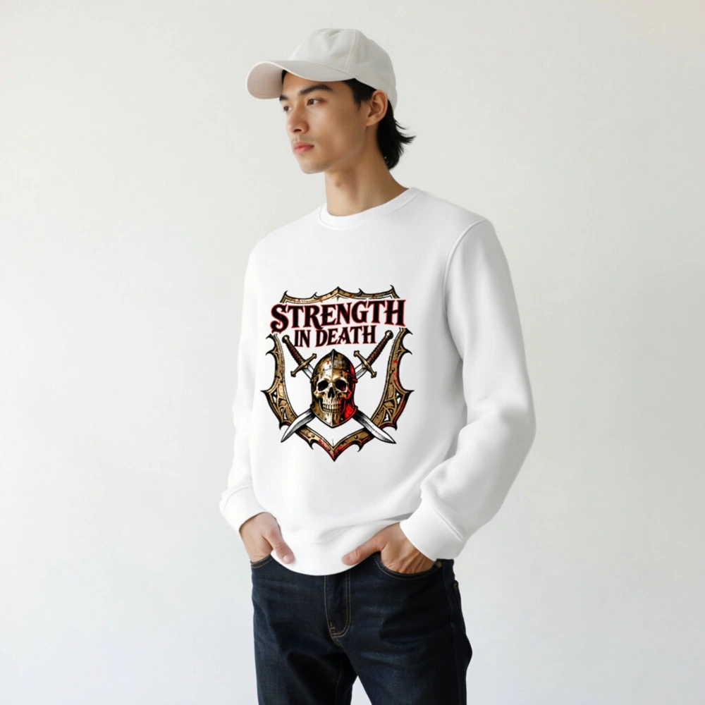Strength in Death Unisex Organic Sweatshirt - Skull & Swords Shield Design - Image 7