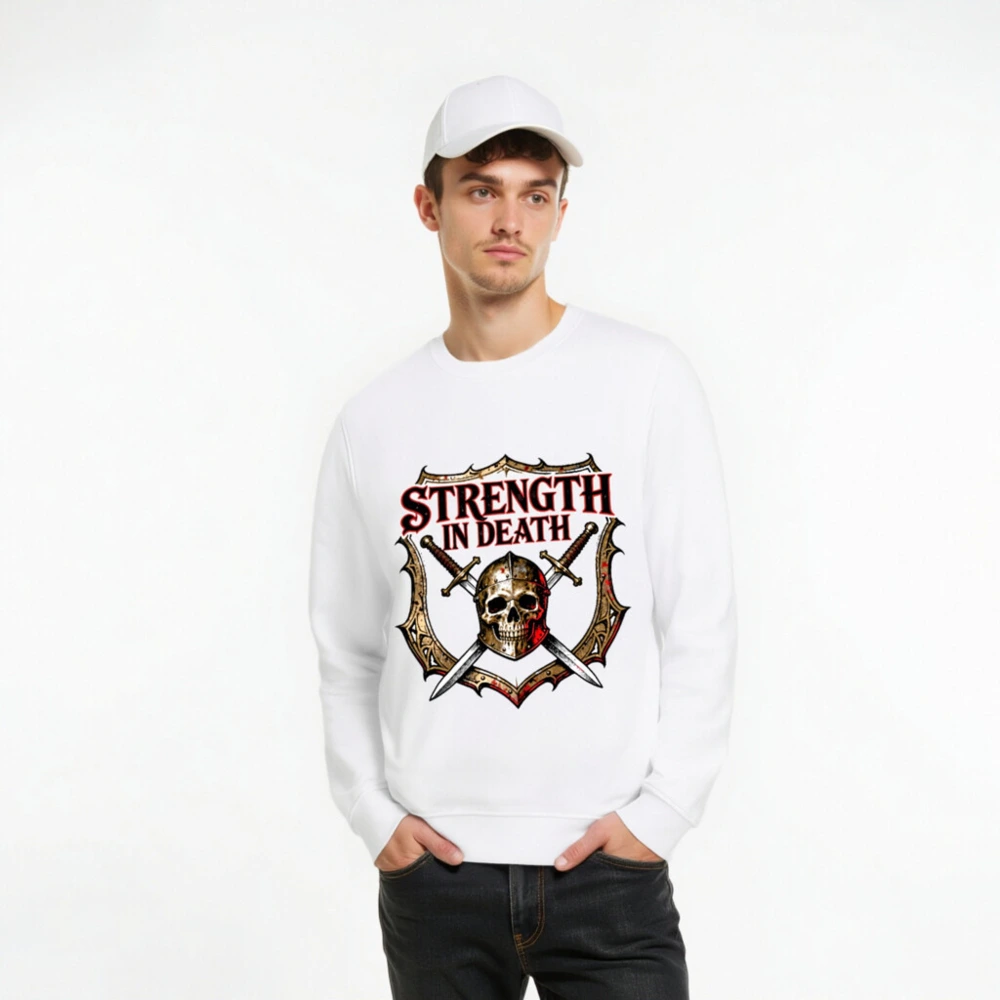 Strength in Death Unisex Organic Sweatshirt - Skull & Swords Shield Design - Image 8