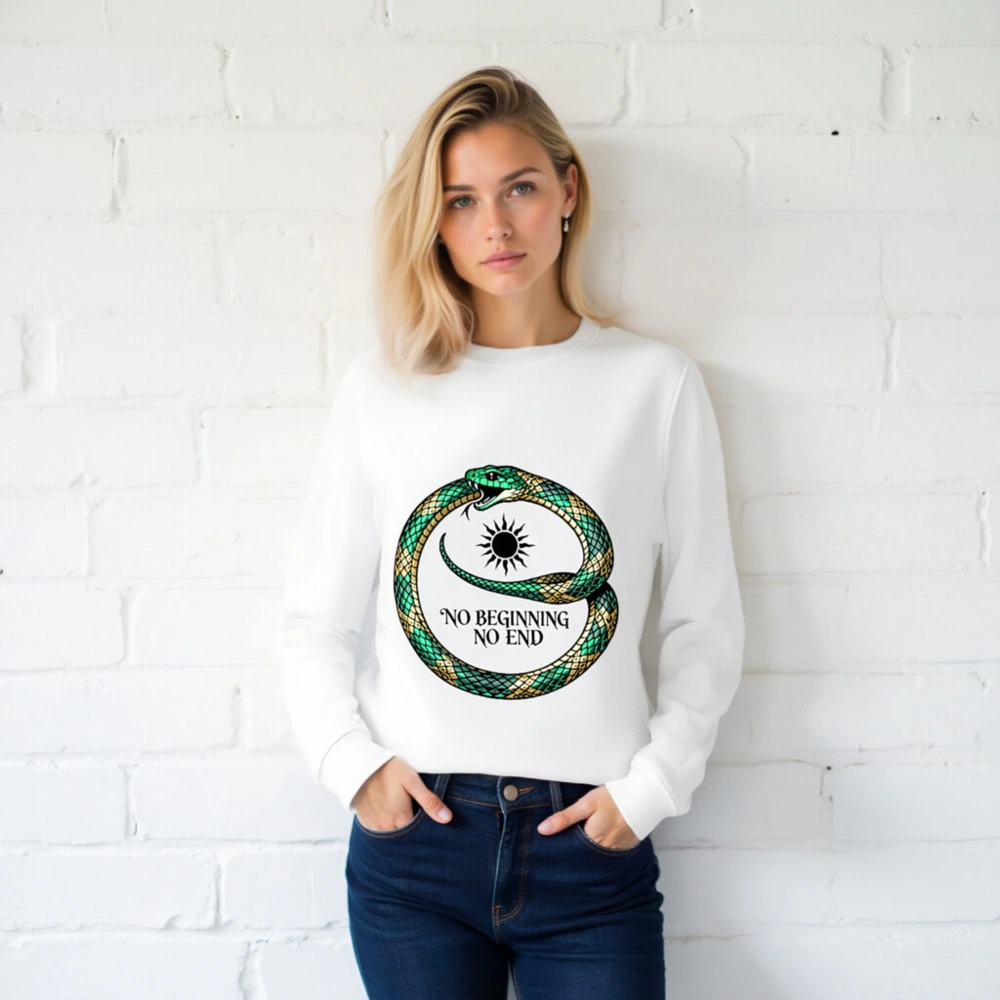 Unisex Organic Sweatshirt with Green & Gold Ouroboros Design - 'No Beginning No End' - Image 2