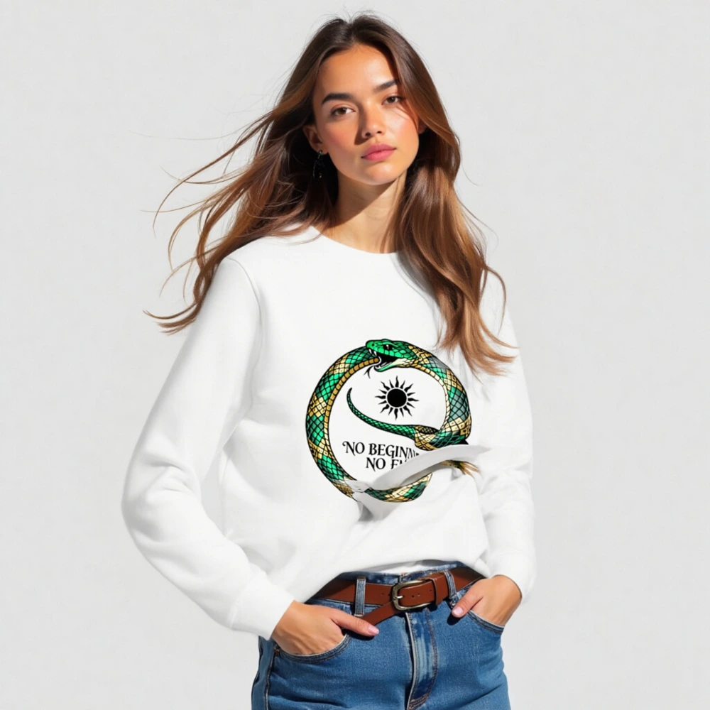 Unisex Organic Sweatshirt with Green & Gold Ouroboros Design - 'No Beginning No End' - Image 3