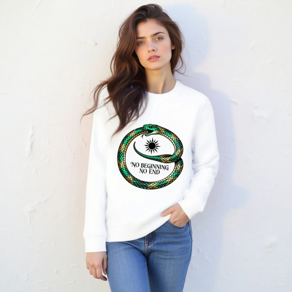 Unisex Organic Sweatshirt with Green & Gold Ouroboros Design - 'No Beginning No End' - Image 4
