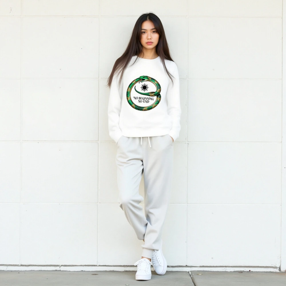 Unisex Organic Sweatshirt with Green & Gold Ouroboros Design - 'No Beginning No End' - Image 5