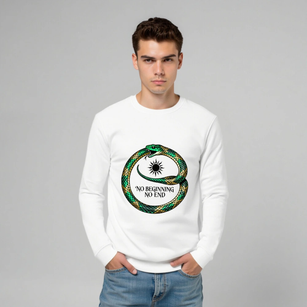 Unisex Organic Sweatshirt with Green & Gold Ouroboros Design - 'No Beginning No End' - Image 6