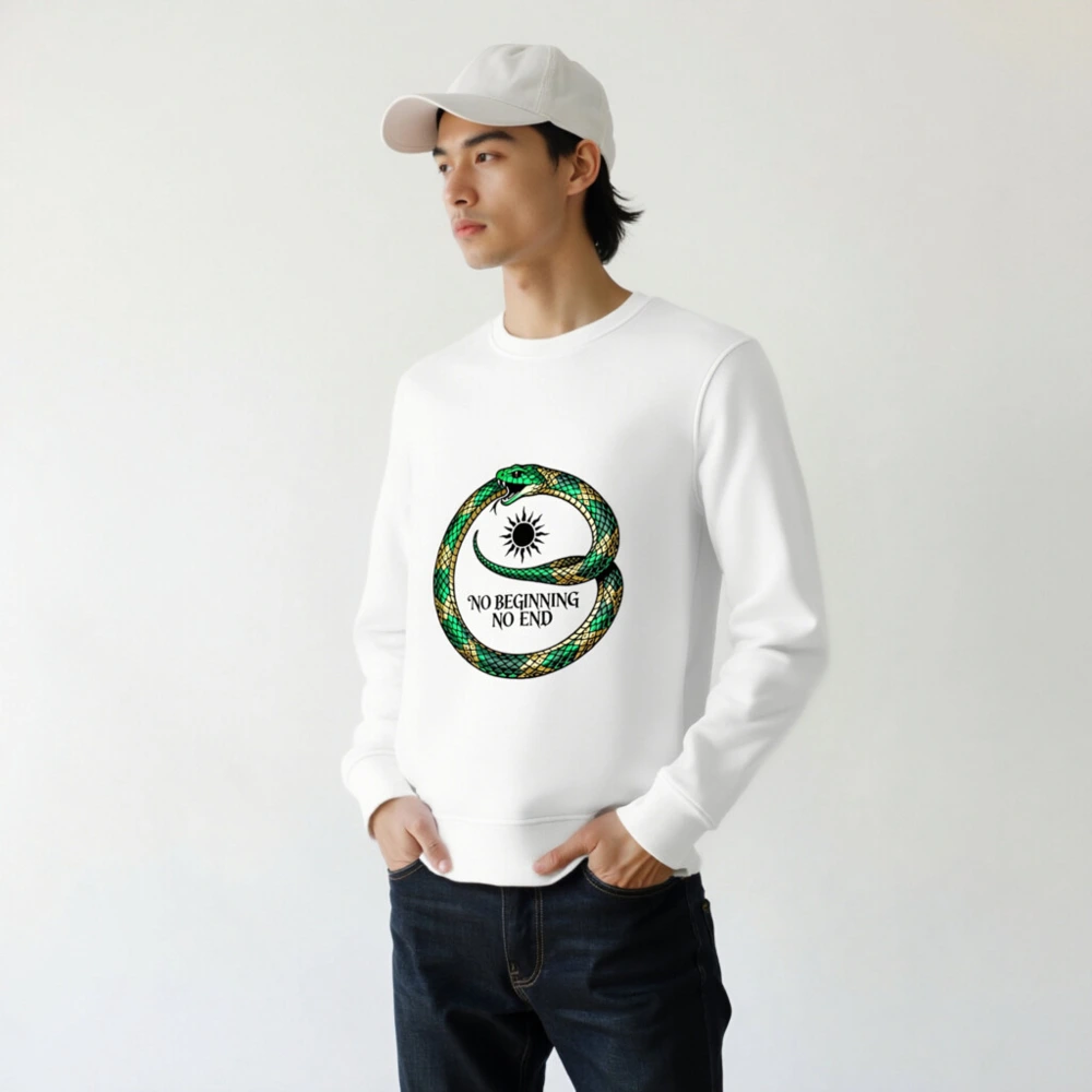 Unisex Organic Sweatshirt with Green & Gold Ouroboros Design - 'No Beginning No End' - Image 7