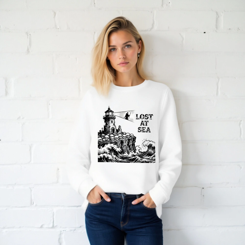 Unisex Organic Sweatshirt | Lost at Sea Lighthouse & Skulls Design - Image 2