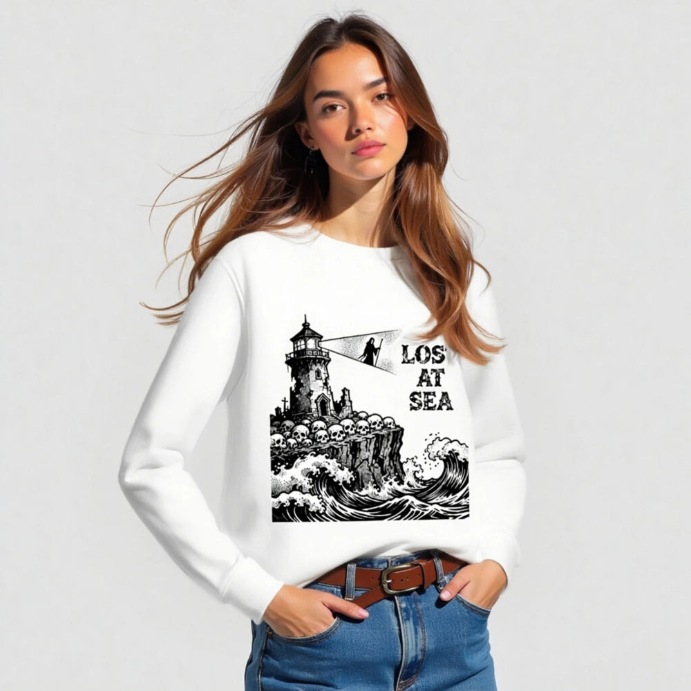 Unisex Organic Sweatshirt | Lost at Sea Lighthouse & Skulls Design - Image 3