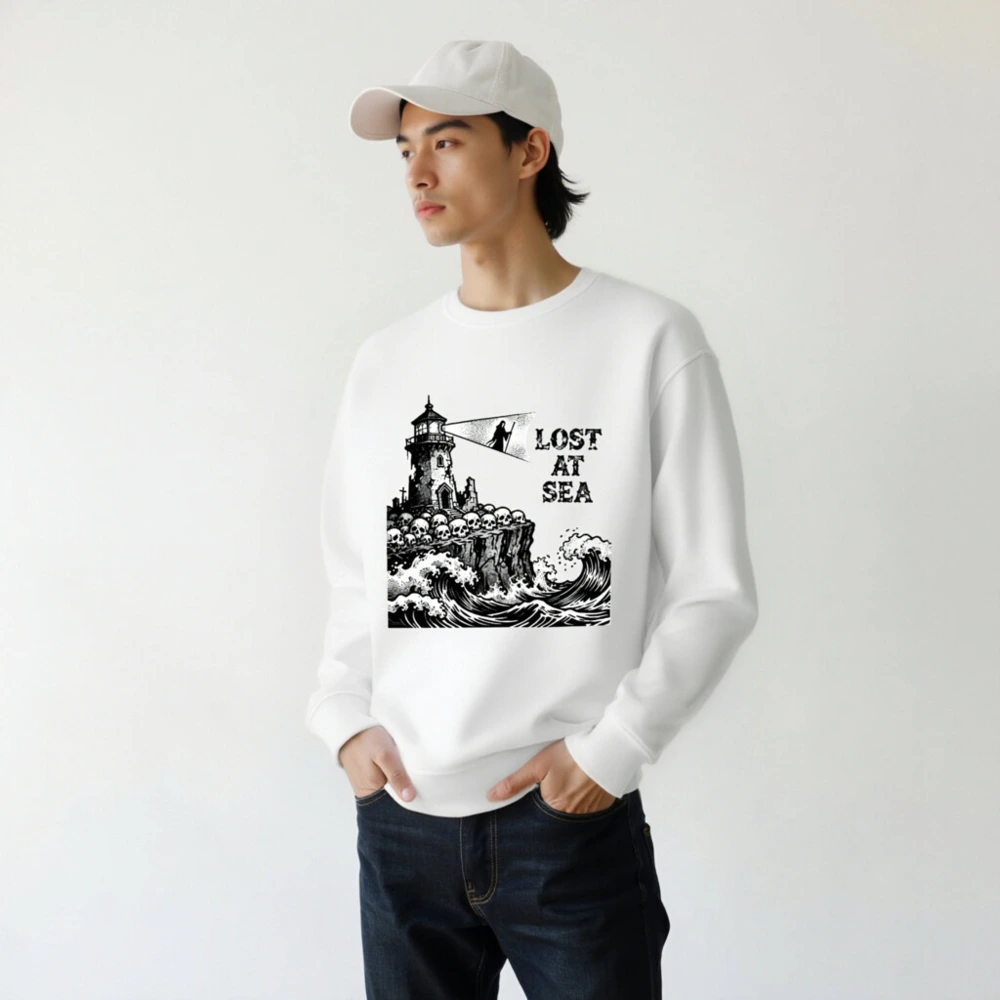 Unisex Organic Sweatshirt | Lost at Sea Lighthouse & Skulls Design - Image 7