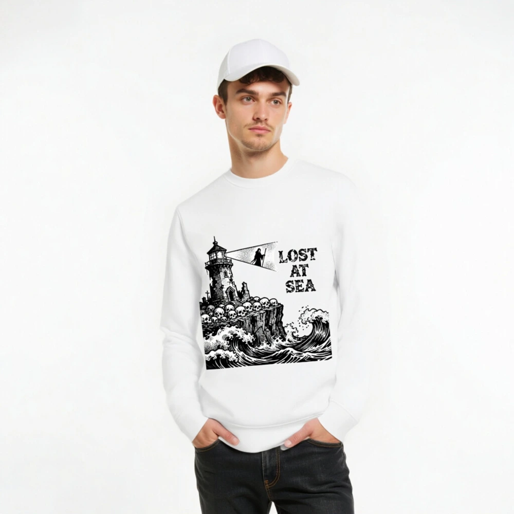 Unisex Organic Sweatshirt | Lost at Sea Lighthouse & Skulls Design - Image 8