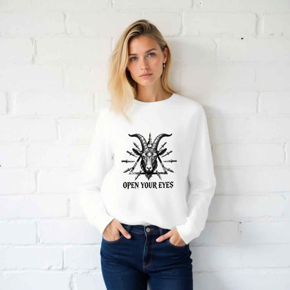 Unisex Organic Sweatshirt | Goat Head with Third Eye & Knives | Open Your Eyes - Image 2