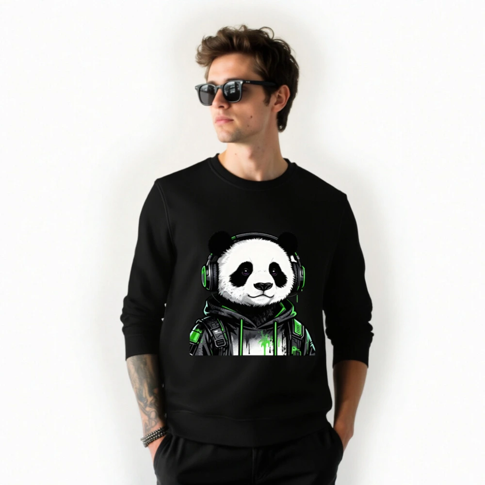 Unisex Organic Sweatshirt with Panda Gaming Design - Green & Black - Image 2