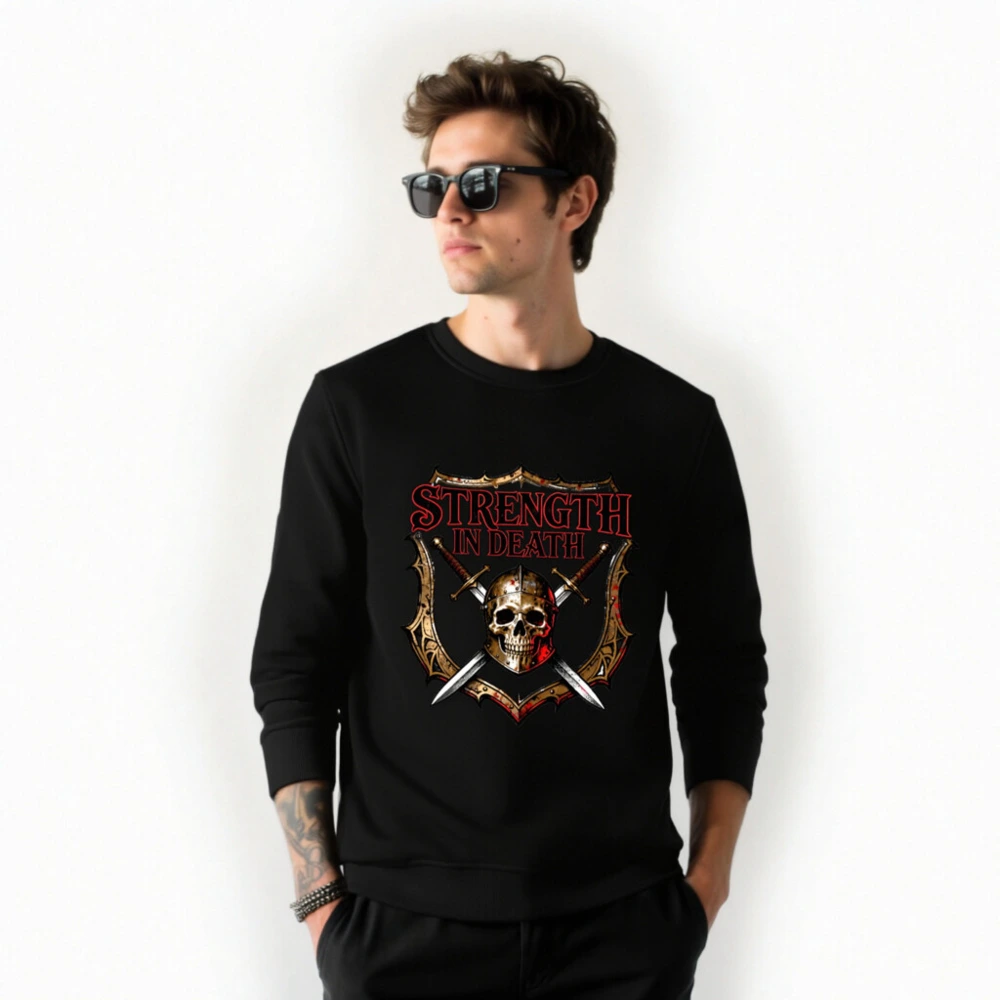 Unisex Organic Sweatshirt - Strength in Death Skull & Swords Design - Image 2