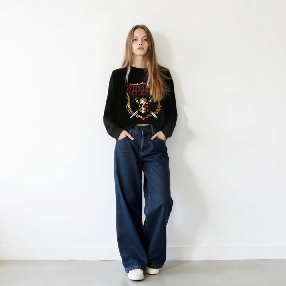 Unisex Organic Sweatshirt - Strength in Death Skull & Swords Design - Image 3