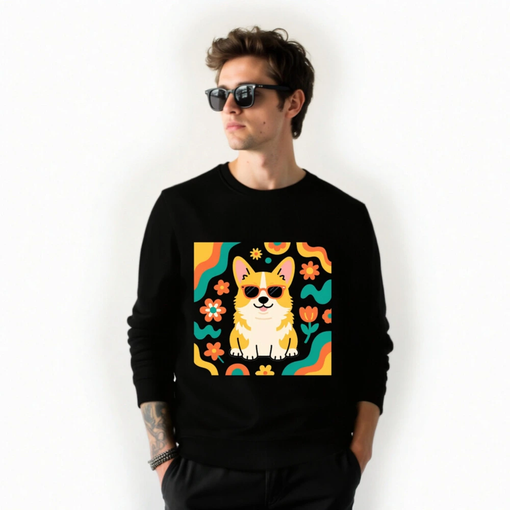 Unisex Organic Sweatshirt with Corgi & Floral Design - Eco-Friendly, Comfortable - Image 2