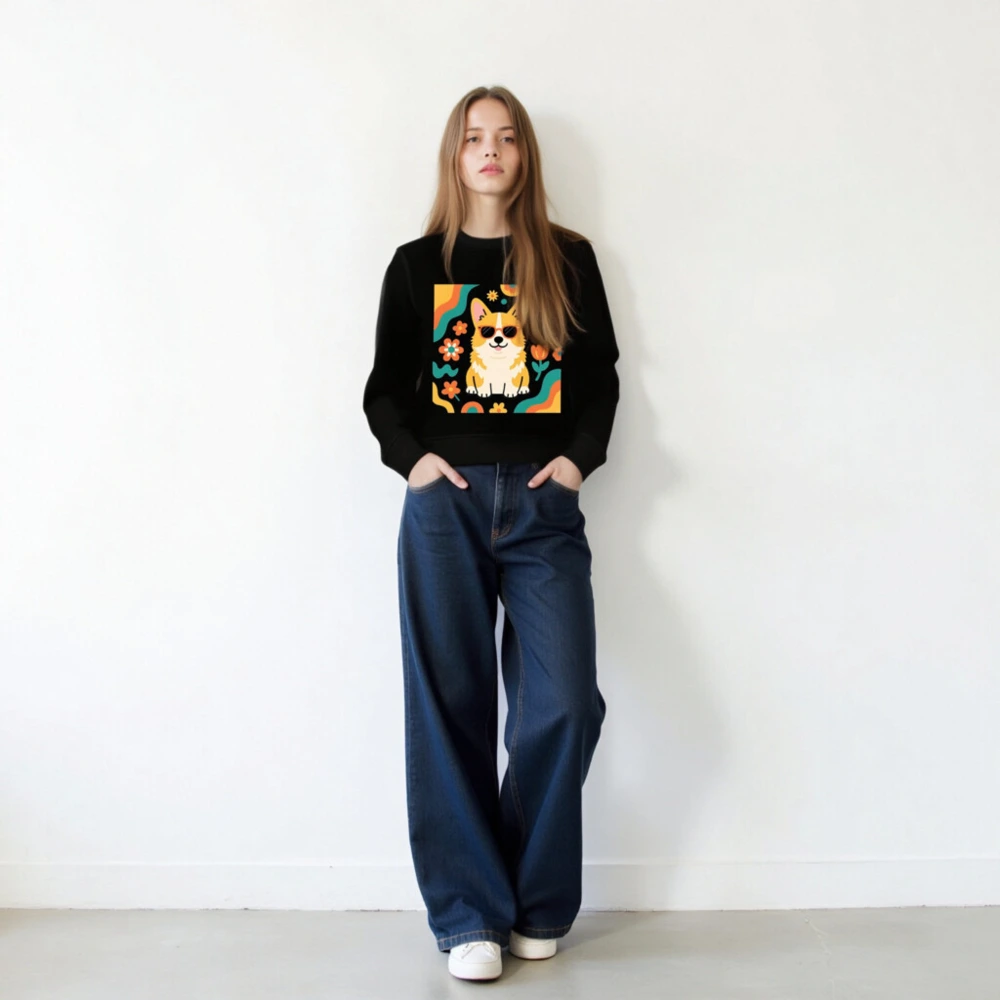 Unisex Organic Sweatshirt with Corgi & Floral Design - Eco-Friendly, Comfortable - Image 3