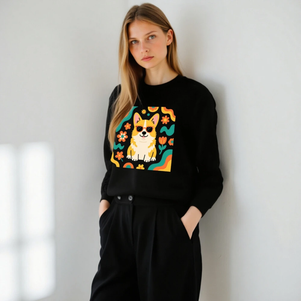 Unisex Organic Sweatshirt with Corgi & Floral Design - Eco-Friendly, Comfortable - Image 5