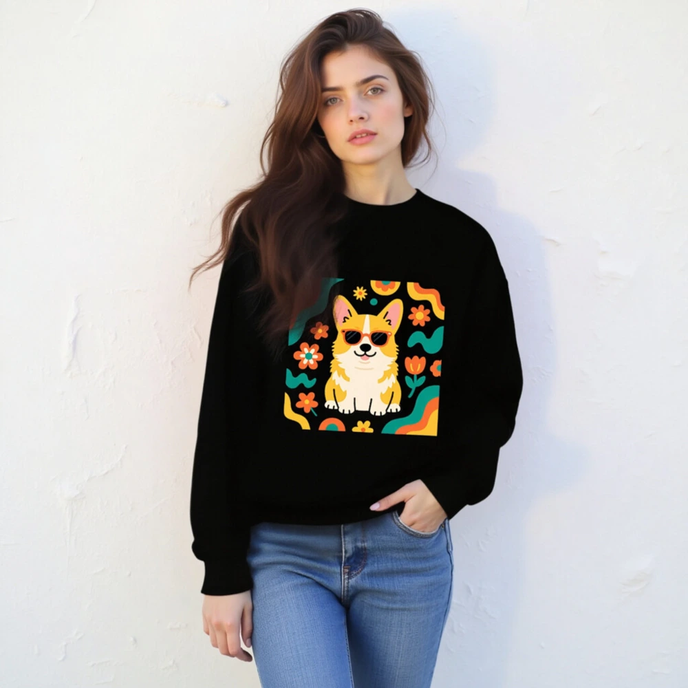Unisex Corgi Sunflower Sweatshirt - Retro Floral Dog Graphic Crew Neck - Image 2