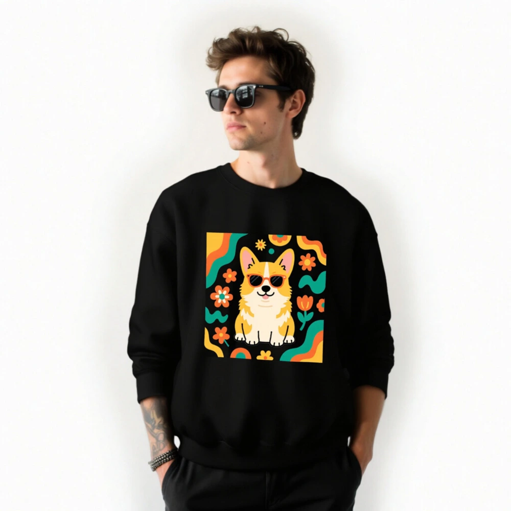 Unisex Corgi Sunflower Sweatshirt - Retro Floral Dog Graphic Crew Neck - Image 3