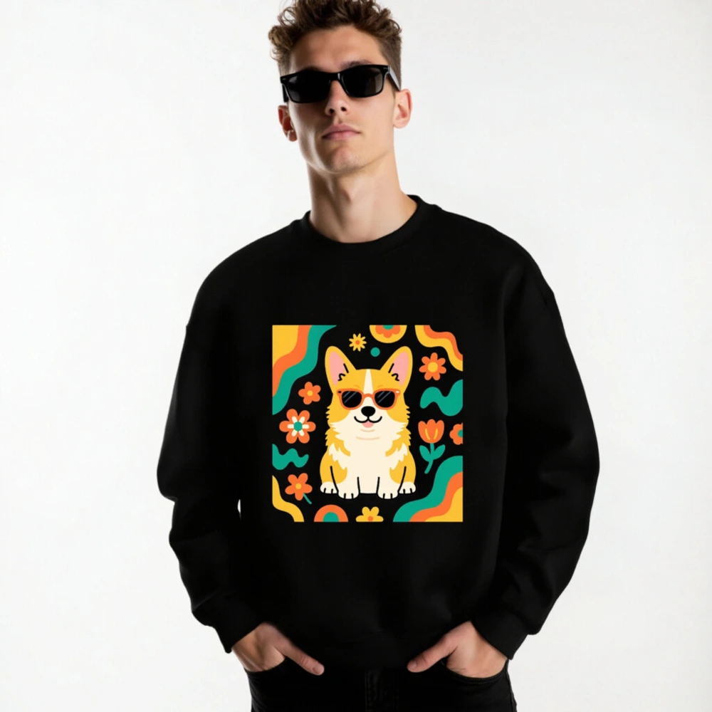Unisex Corgi Sunflower Sweatshirt - Retro Floral Dog Graphic Crew Neck - Image 4