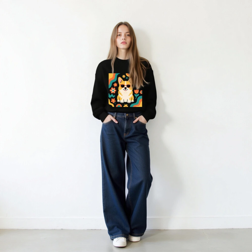 Unisex Corgi Sunflower Sweatshirt - Retro Floral Dog Graphic Crew Neck - Image 5