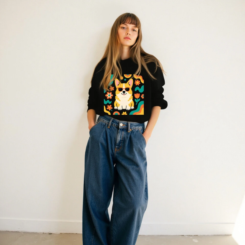 Unisex Corgi Sunflower Sweatshirt - Retro Floral Dog Graphic Crew Neck - Image 6