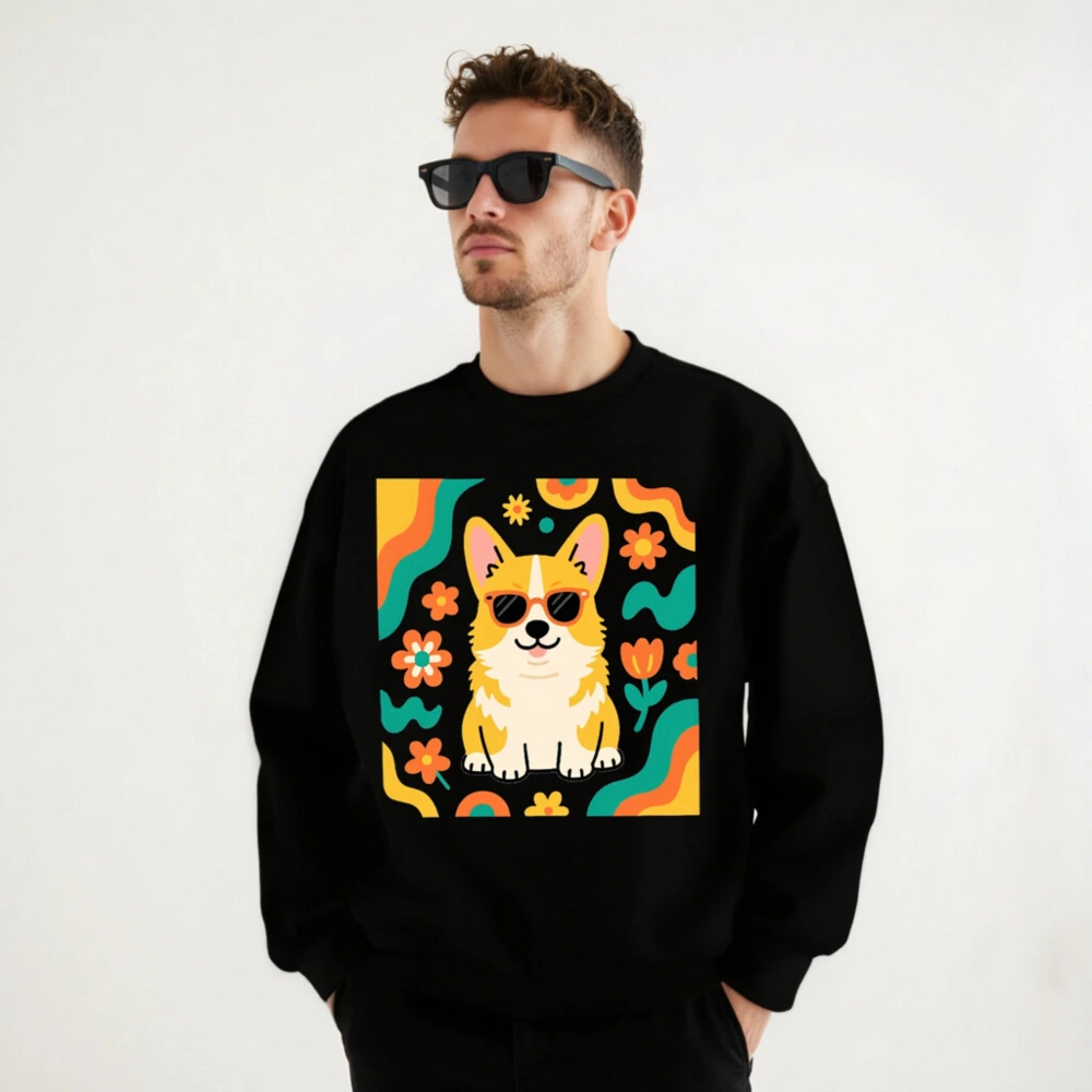 Unisex Corgi Sunflower Sweatshirt - Retro Floral Dog Graphic Crew Neck - Image 8