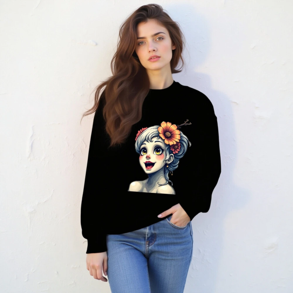 Unisex Crew Neck Sweatshirt with Floral Girl Illustration - Black Comfort Fit - Image 2