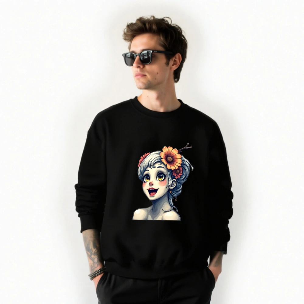 Unisex Crew Neck Sweatshirt with Floral Girl Illustration - Black Comfort Fit - Image 3