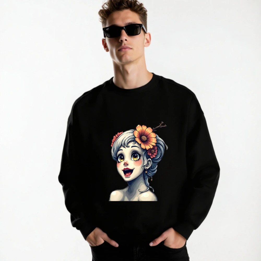 Unisex Crew Neck Sweatshirt with Floral Girl Illustration - Black Comfort Fit - Image 4