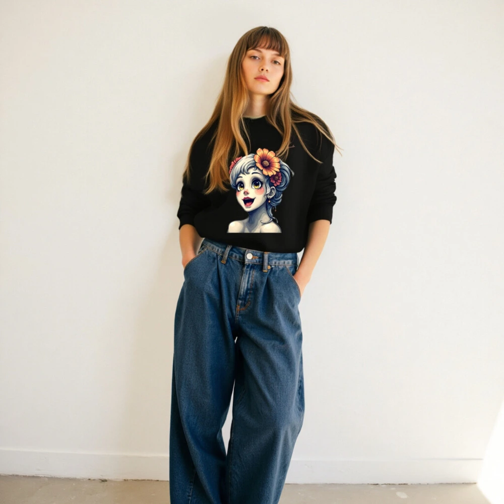 Unisex Crew Neck Sweatshirt with Floral Girl Illustration - Black Comfort Fit - Image 6