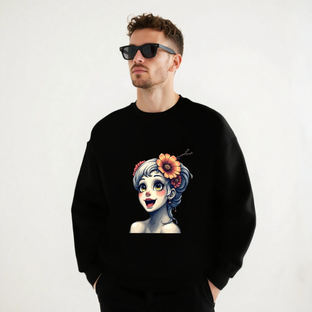 Unisex Crew Neck Sweatshirt with Floral Girl Illustration - Black Comfort Fit - Image 8
