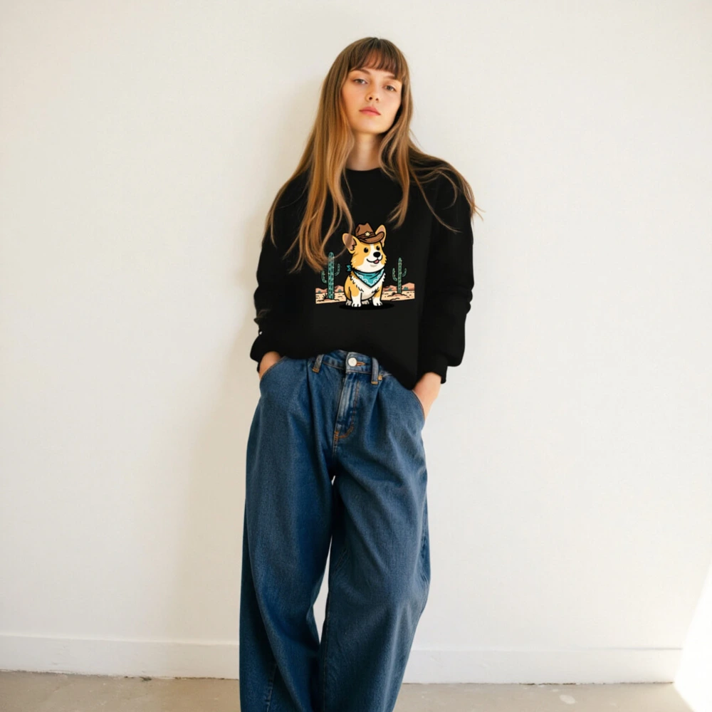 Unisex Cowboy Corgi Sweatshirt - Western Dog Graphic Crew Neck - Image 6