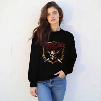 Unisex Crew Neck Sweatshirt - Strength in Death Skull & Swords Graphic
