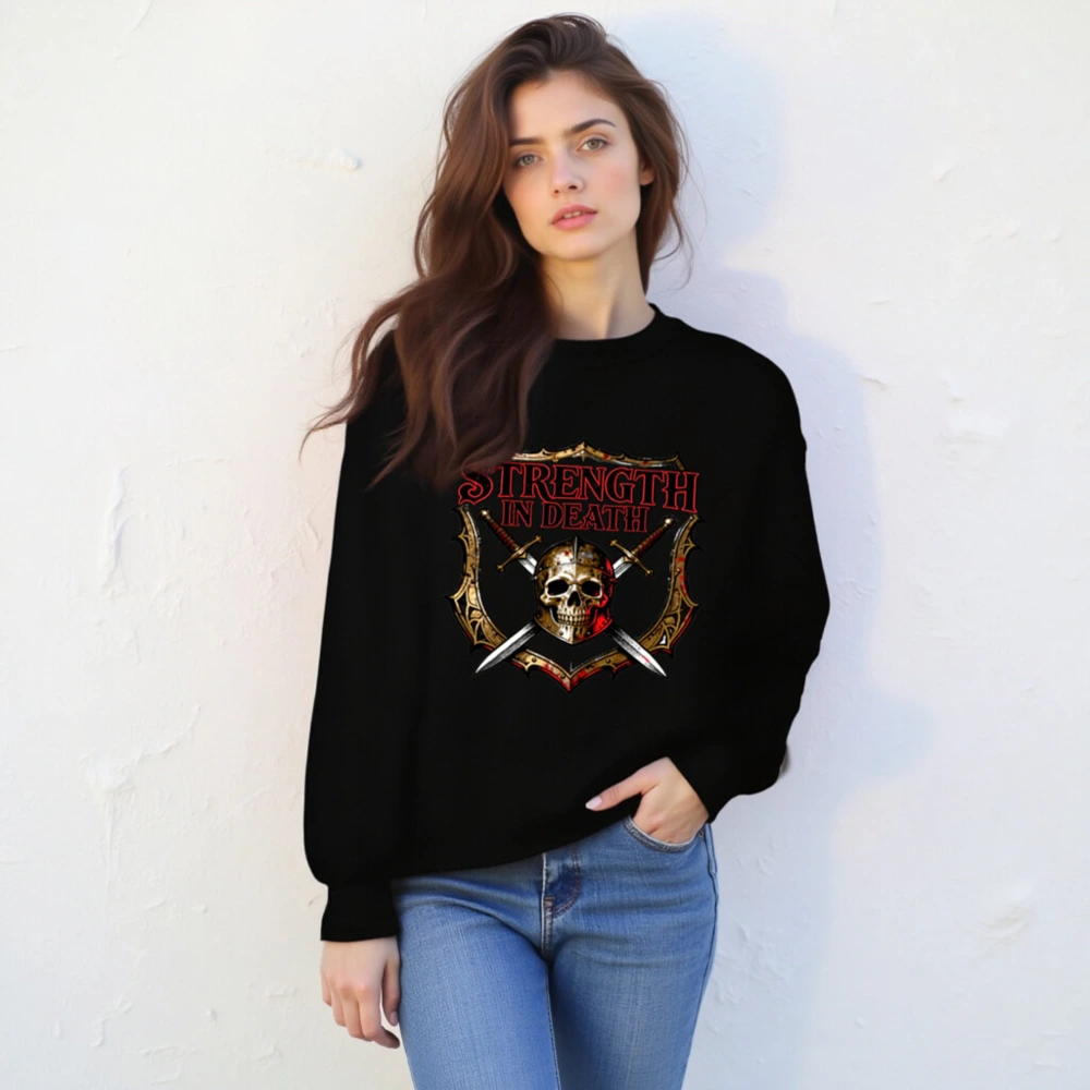 Unisex Crew Neck Sweatshirt - Strength in Death Skull & Swords Graphic