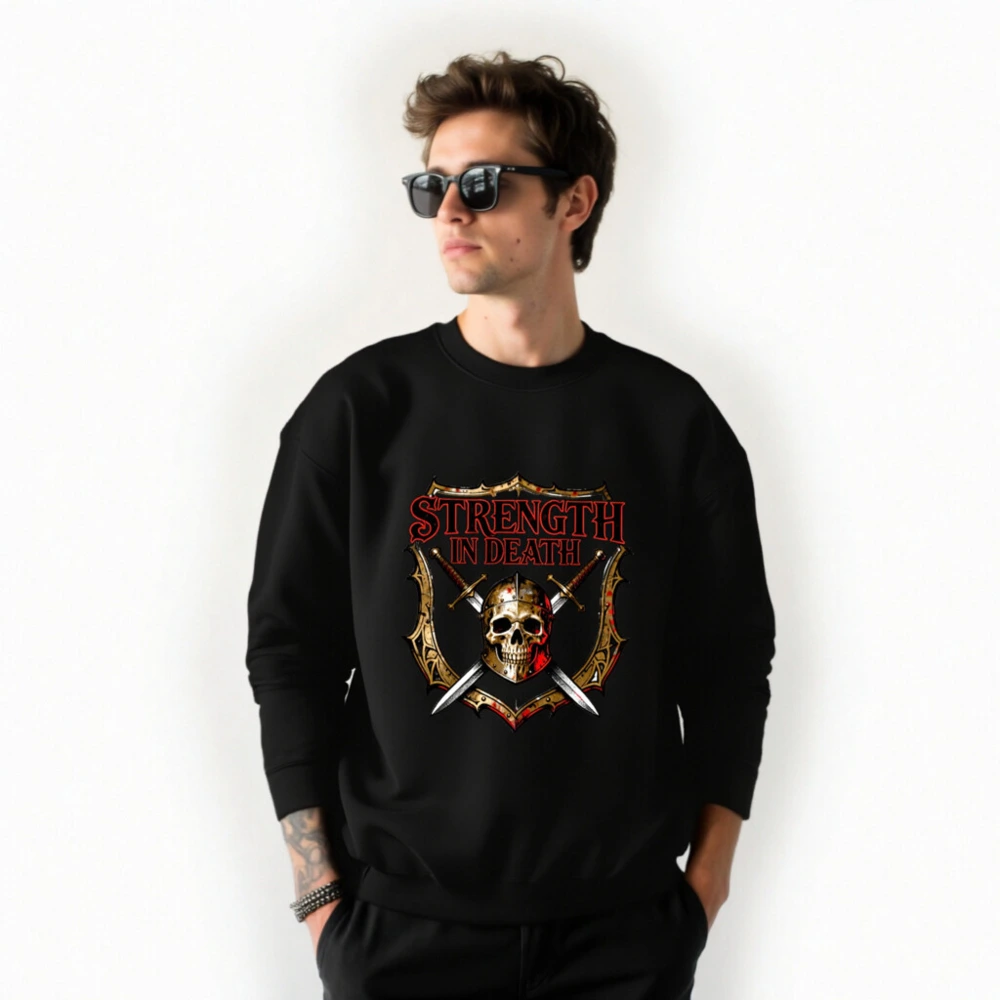 Unisex Crew Neck Sweatshirt - Strength in Death Skull & Swords Graphic - Image 2
